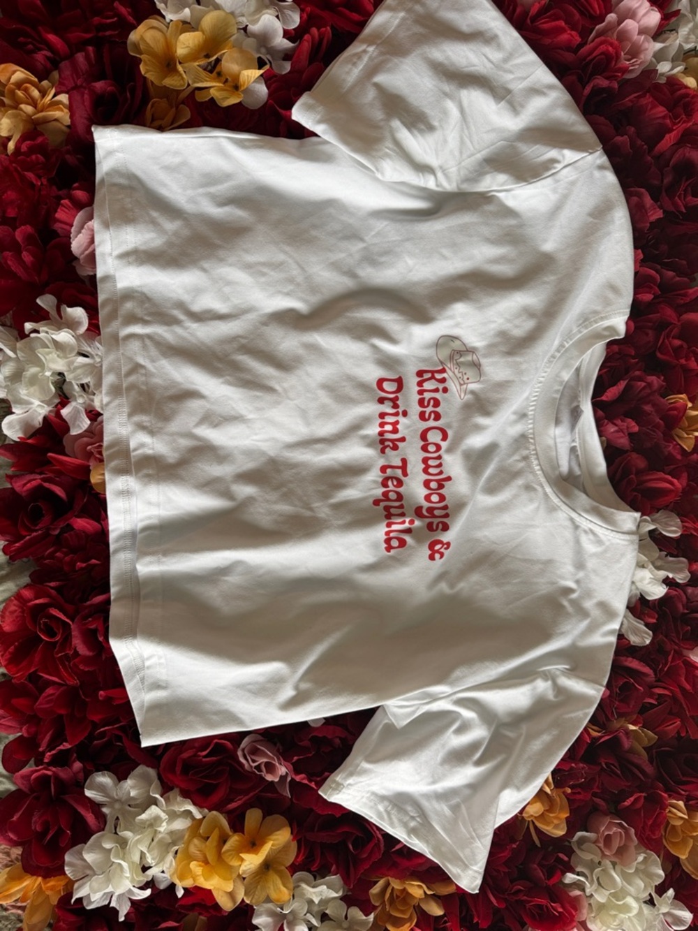 White Crop Top with Red 'Kiss Cowboys & Drink Tequila' Graphic